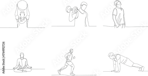 Continuous line art of various fitness exercises showcasing wellness and active lifestyle for health promotion and advertising banners