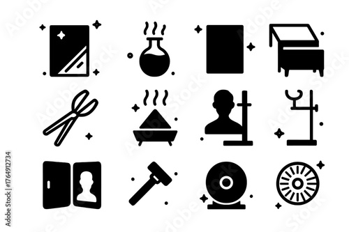 Daguerreotype Icons Grid. Daguerreotype Process. Solid icons set of Daguerreotype Process: iodine plate, mercury vapors, silvered copper plate, sensitizing