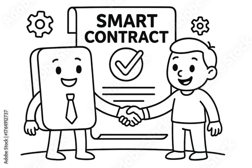 Coloring Friendly Contracts. Smart contracts children?s coloring book illustration, outlined drawing, two friendly characters shaking hands beside a big