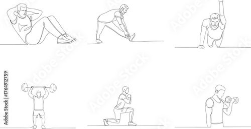 Continuous line drawing illustration showcasing men engaged in diverse fitness exercises and gym activities promoting health and wellness