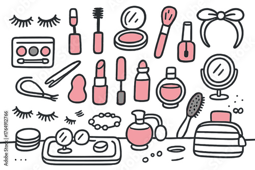 Vibrant Cosmetic Essentials. Cosmetic counter. Hand-drawn doodle illustration false eyelashes (colored), eyelash curler (colored), mascara tube (colored),