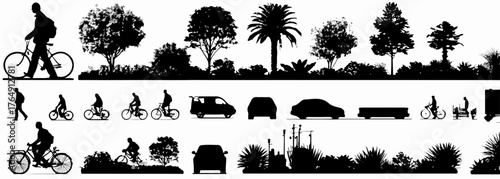다양한 실루엣의 사람, 자전거, 자동차, 나무, 식물들이 조화롭게 어우러진 풍경