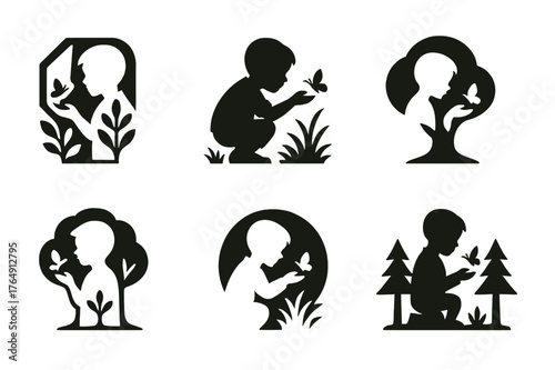 Children Exploring Nature. Photographing Kids Enjoying Nature and Wildlife. Set Logo of Child Discovering Nature: Abstract geometric, Filled silhouette,