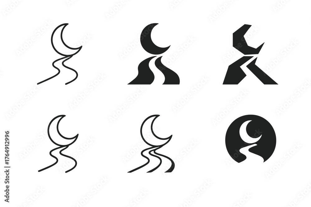 Naklejka premium Moonlit Path Logos. Moonlit path. Set Logo of Moonlit path: crescent moon illuminating track. harmonious logo variations of the same emblematic concept, each