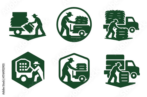 Farmer Logo Variations. A farmer loading hay onto a truck to deliver to market. Set Logo of A farmer loading hay onto a truck to deliver to market: tailgate