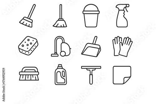 Cleaning Icons Set. Cleaning. Line icon set of cleaning: broom, mop, bucket, spray bottle, sponge, vacuum cleaner, dustpan, gloves, scrub brush, detergent