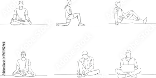 Collection of Single Line Drawings of People in Various Poses Depicting Lifestyle and Wellness Activity