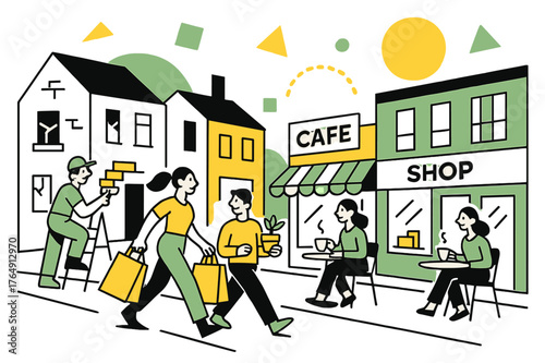 Urban Renewal Vista. Gentrification Processes. Wide street view showing older buildings, new shops, and floating abstract geometric shapes, urban renewal and