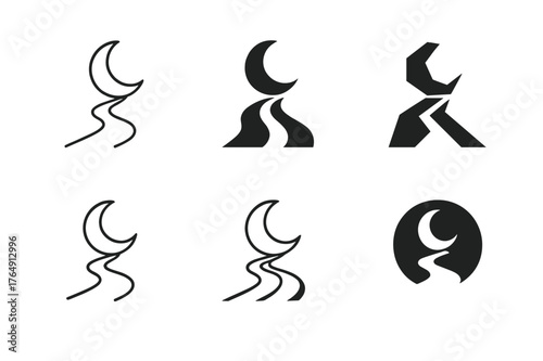 Moonlit Path Logos. Moonlit path. Set Logo of Moonlit path: crescent moon illuminating track. harmonious logo variations of the same emblematic concept, each