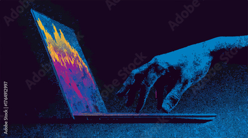 어두운 공간 속 노트북 화면에서 강렬하게 타오르는 디지털 불꽃을 향해 뻗은 손이 현대 사회의 사이버 위협과 정보 보안의 중요성을 예술적으로 표현합니다.