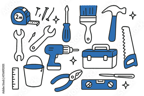 Colorful Tool Doodle. // Home improvement tools. Hand-drawn doodle illustration Home improvement tools [tape measure (accented), paintbrush (accented),