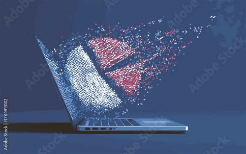 급변하는 디지털 환경 속에서 노트북 화면 위 파이 차트가 해체되며 데이터의 변화, 손실, 혹은 새로운 정보 흐름을 상징적으로 보여주는 역동적인 비즈니스 분석 및 기술 혁신 개념을 담은 추상적인 벡터 일러스트레이션.