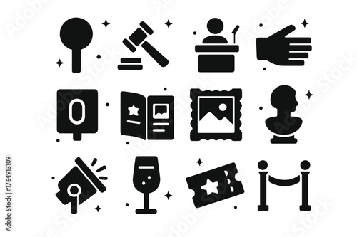 Art Auction Icons. Attending an art auction. Solid icons set of Attending an art auction: auction paddle, gavel, auctioneer podium, bidding hand, lot card,