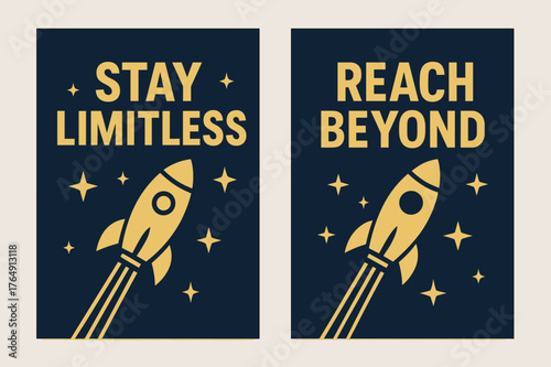 Limitless Banners. Stay limitless. Two vertical A6 banners with safe margins, centered composition, no elements touching edges, bold, navy and gold, objects