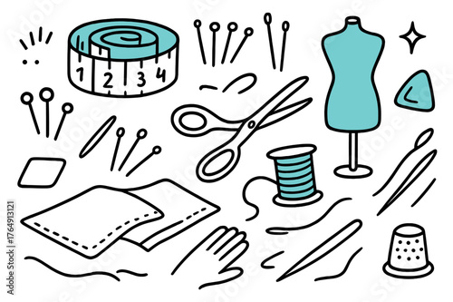 Tailor's Toolkit Icons. // Tailor?s measuring tape. Hand-drawn doodle illustration Tailor?s measuring tape [soft tape coil (accented), centimeter marks