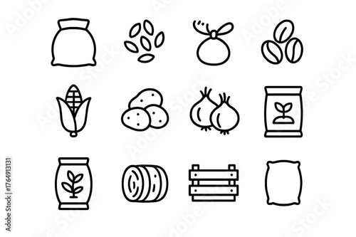 Grain Sack Icons. Grain sack. Line icon set of grain sack: burlap sack, wheat grains, tied rope, corn, potatoes, onions, coffee beans, hay, seed bag,