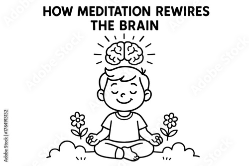 Mindful Child Coloring. How meditation rewires the brain children?s coloring book illustration, outlined drawing, a smiling child sitting cross-legged with