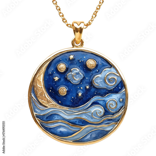 watercolor vector of Moon Symbol Pendant, isolated on a white background.