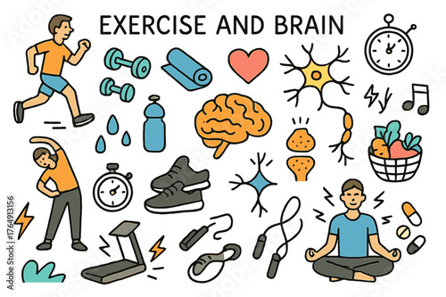 Mindful Fitness Doodles. Exercise and brain. Hand-drawn doodle illustration running person (colored), dumbbells (colored), yoga mat (colored),