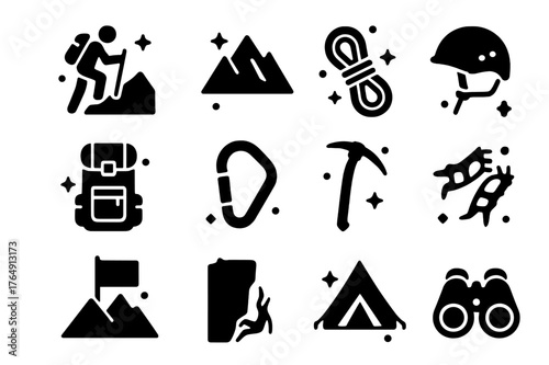 Mountain Climbing Icons. Mountain Climbers. Solid icons set of Mountain Climbers: climber, mountain, rope, helmet, backpack, carabiner, ice axe, crampons,