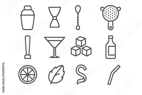 Mixology Icon Set. Mixing techniques. Line icon set of mixing techniques: shaker, jigger, stirring spoon, strainer, muddler, cocktail glass, ice cubes, bottle,