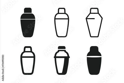 Cocktail Shaker Logos. Spirits and Liquors. Set Logo of Cocktail Shaker: Filled silhouette, Minimal outline, Abstract geometric, Negative space, Stylized
