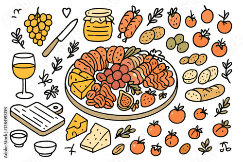 Colorful Appetizer Platter. Appetizer platter. Hand-drawn doodle illustration sliced meats (colored), cheese wedges (colored), grapes (colored), strawberries