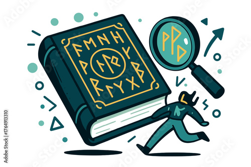 Ancient Symbolic Books. Antique Books ? Ancient Symbols. Old cover embossed with gold runes; faint circles of light hover above. A magnifier hovers near the