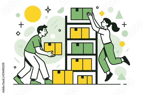Organized Supplies with Geometry. Restocking Supplies. Stack of supply boxes being organized on shelves with floating abstract geometric shapes and light