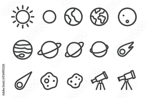 Solar System Icons. Solar system diagram. Line icon set of solar system diagram: sun, mercury, venus, earth, mars, jupiter, saturn, uranus, neptune, comet,