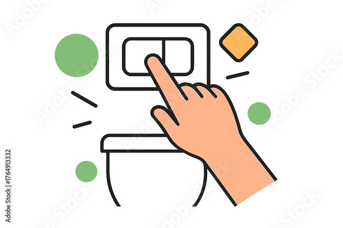 Sleek Toilet Flush. Toilet Flush Button. Hand pressing a sleek toilet flush button with floating abstract geometric shapes, modern and hygienic bathroom scene.