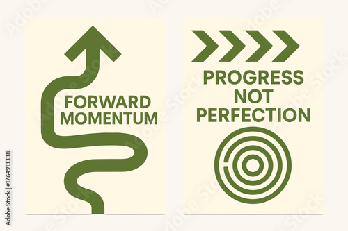 Forward Momentum Banners. Forward momentum. Two vertical A6 banners with safe margins, centered composition, no elements touching edges, geometric, olive green