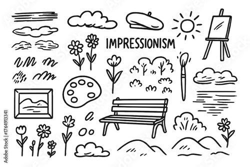 Impressionist Icon Doodles. Impressionism. Hand-drawn doodle illustration impressionism paint strokes, soft clouds, flowers, palette, beret, easel, brush, sun,