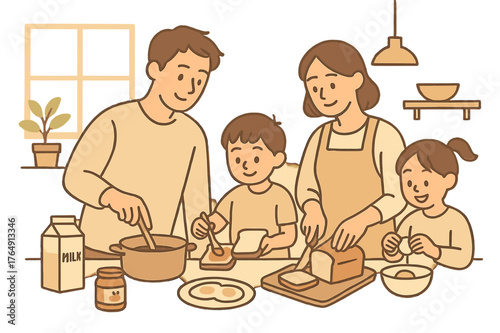 Cozy Family Breakfast. Morning Routine. Parents and children preparing breakfast together under soft morning light. Inspired by Korean cozy simplicity and