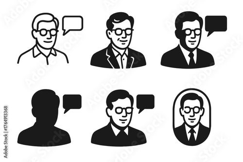 Creative Logo Variations. Brand storytelling. Set Logo of Brand storytelling: Founder portrait with speech ribbon. harmonious logo variations of the same