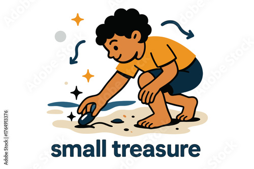 Child's Shiny Find. Pebble ? Beach Discovery. Child?s hand picks up a shiny stone from the wet sand; gentle sparkle icons mark the find. Caption ?small