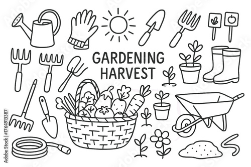 Gardening Harvest Doodles. Gardening Harvest. Hand-drawn doodle illustration Gardening Harvest basket of vegetables, watering can, gloves, trowel, shovel,