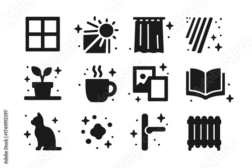 Window Light Icons. Window Light. Solid icons set of Window Light: window frame, sunbeam, sheer curtain, shadow stripes, windowsill plant, coffee mug, picture