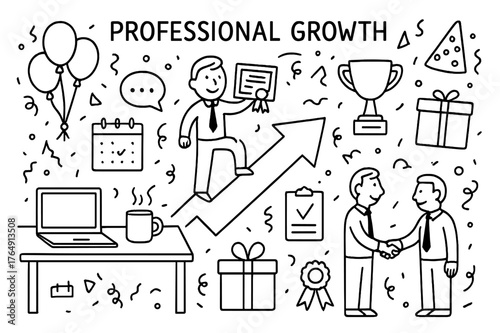 Professional Growth Doodle. Professional Growth. Hand-drawn doodle illustration Professional Growth person receiving promotion, award certificate, laptop,