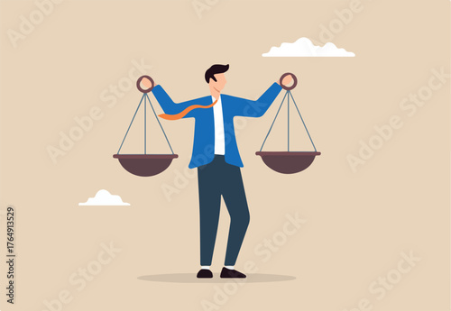 Flat illustration of Businessman compares scales to measure integrity and ethical decisions representing pros and cons