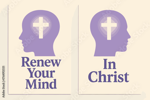 Renewal in Christ. Mind Renewal. Two vertical A6 banners with safe margins, centered composition, no elements touching edges, modern, lavender and cream, head