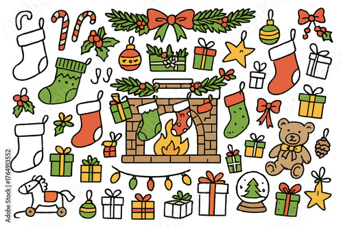 Festive Christmas Stockings. Christmas stockings. Hand-drawn doodle illustration Christmas stockings (colored), fireplace (colored), mantel (colored), candy