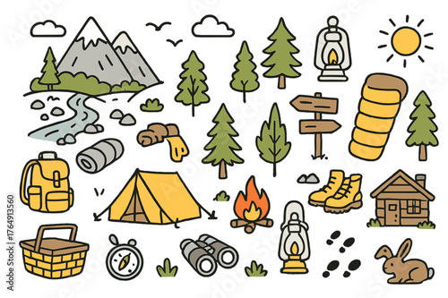 Vibrant Camping Adventure. Camping. Hand-drawn doodle illustration tent (colored), campfire (colored), mountain peaks (colored), backpack (colored), sleeping