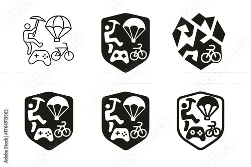 Adventure Sport Logos. Unusual hobbies and extreme sports. Set Logo of Unusual hobbies and extreme sports: adventure badge with mixed icons. harmonious logo