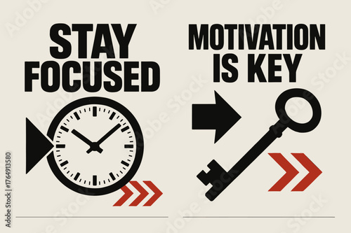 Stay Focused Banners. Stay focused. Two vertical A6 banners with safe margins, centered composition, no elements touching edges, brutalist, black and red,