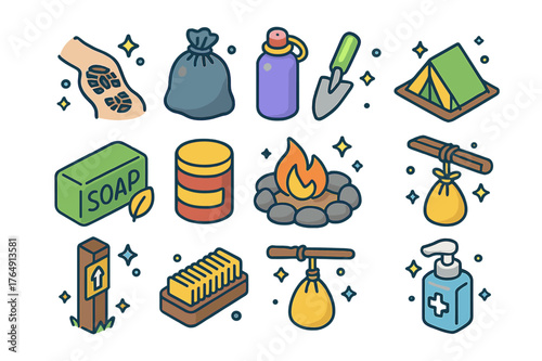 Leave No Trace Icons. Leave No Trace while hiking. Colorful isometric vector icons set of Leave No Trace while hiking: footprint on trail, trash bag, reusable