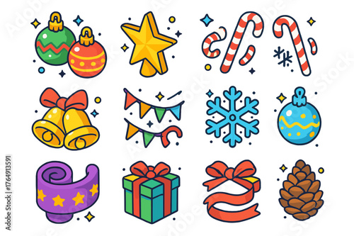 Isometric Christmas Icons. Christmas celebration. Colorful isometric vector icons set of Christmas celebration: baubles, star topper, candy canes, bells,