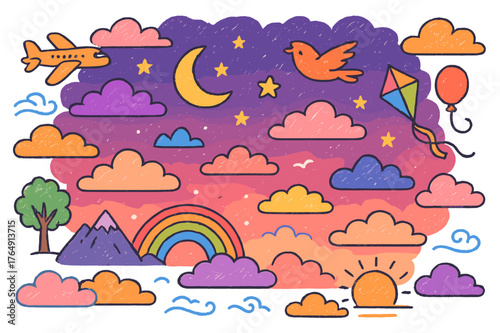Twilight Sky Doodles. twilight clouds. Colorful Hand-drawn doodle Children illustration twilight clouds sky, clouds, sunset, stars, moon, airplane, bird, tree,