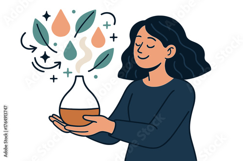 Aromatherapy Bliss. Aromatherapy oils. Person holding diffuser with abstract floating essential oil droplets, leaves, and sparkles; emphasizes calm,