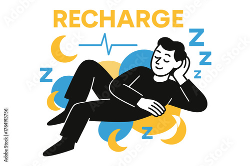 Tranquil Sleep Artistry. Better Sleep & Recovery. A calm figure rests as floating moon icons and gentle Z-shapes overlap. ?Recharge? glows softly above a